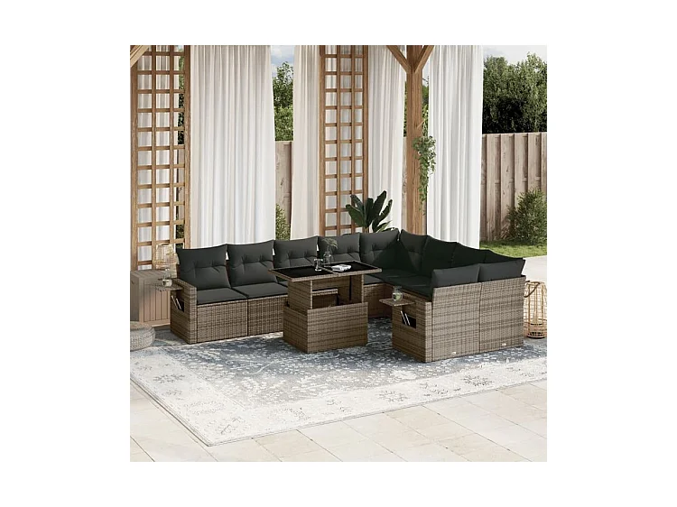 Salon de jardin avec coussins 10 pcs gris résine tressée