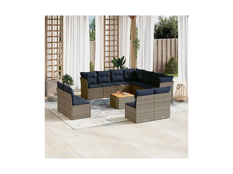 Salon de jardin avec coussins 12 pcs gris résine tressée