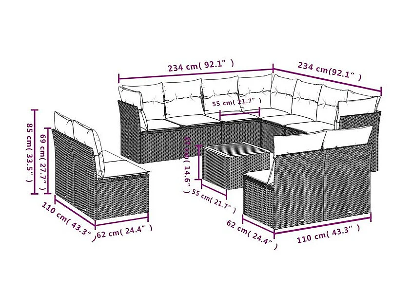 Salon de jardin avec coussins 12 pcs gris résine tressée
