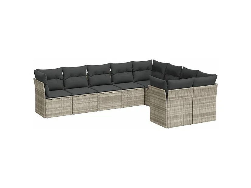 Salon de jardin 9 pcs avec coussins gris clair résine tressée