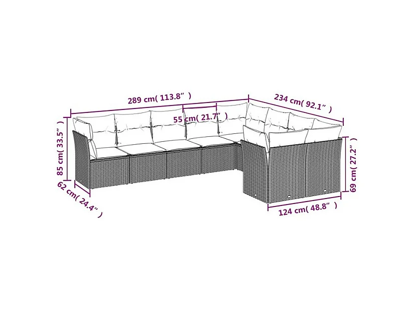 Salon de jardin 9 pcs avec coussins gris clair résine tressée