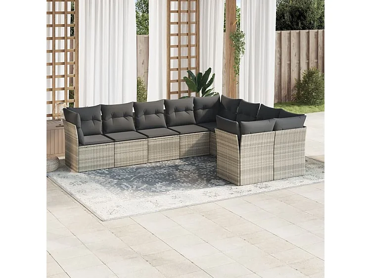 Salon de jardin 9 pcs avec coussins gris clair résine tressée