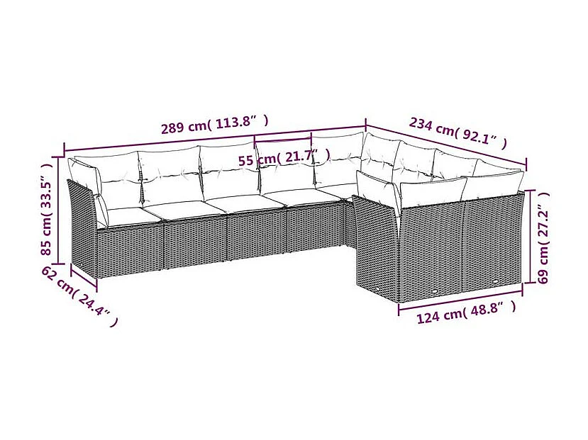 Salon de jardin 9 pcs avec coussins gris clair résine tressée