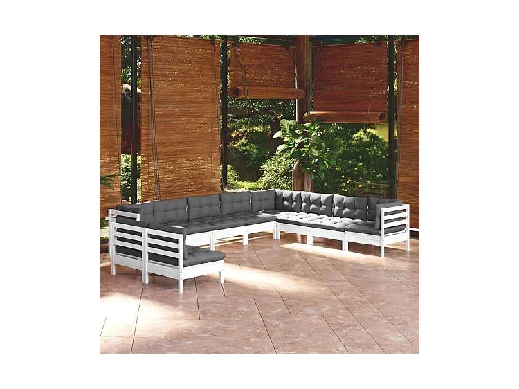 Salon de jardin 10 pcs avec coussins blanc bois de pin solide