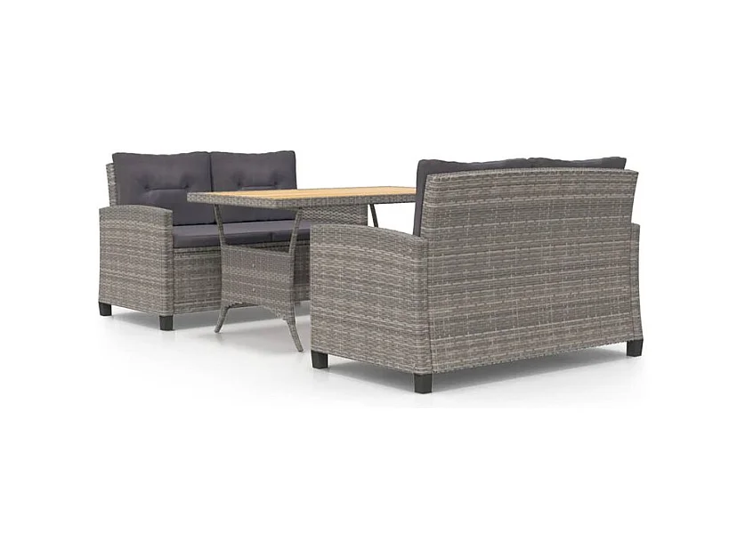 Ensemble à dîner de jardin 3pcs et coussins gris Résine tressée