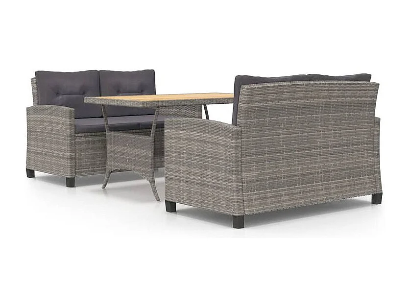 Ensemble à dîner de jardin 3pcs et coussins gris Résine tressée