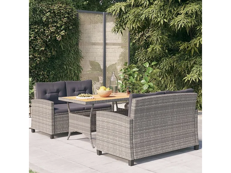 Ensemble à dîner de jardin 3pcs et coussins gris Résine tressée