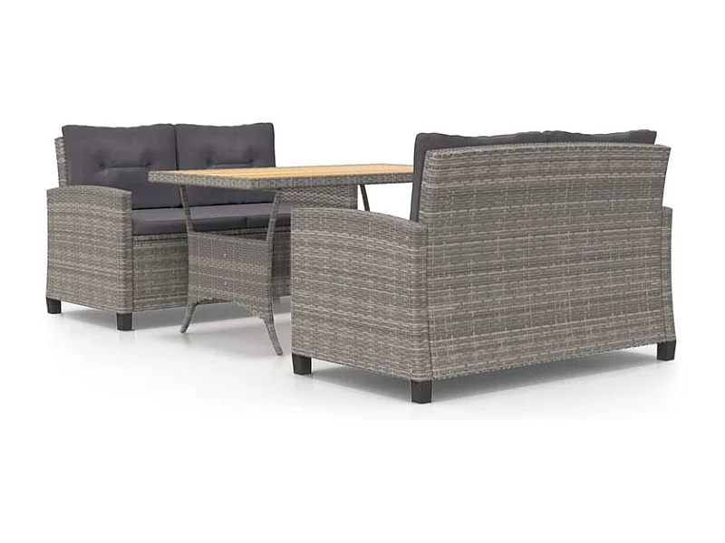 Ensemble à dîner de jardin 3pcs et coussins gris Résine tressée