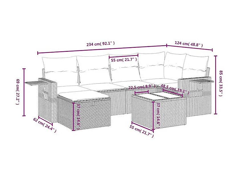 Salon de jardin avec coussins 7 pcs gris clair résine tressée