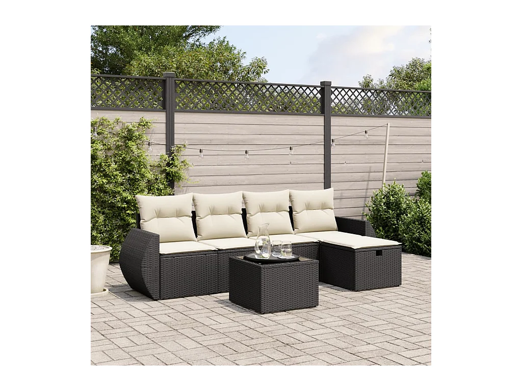 Salon de jardin 6 pcs avec coussins noir résine tressée
