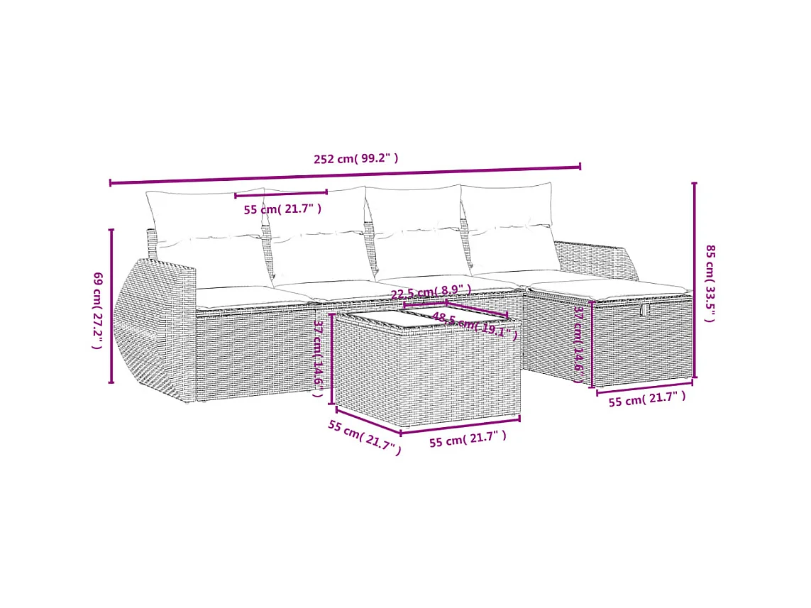 Salon de jardin 6 pcs avec coussins noir résine tressée