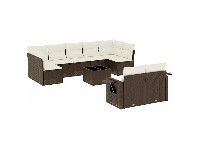 Salon de jardin 10 pcs avec coussins marron résine tressée