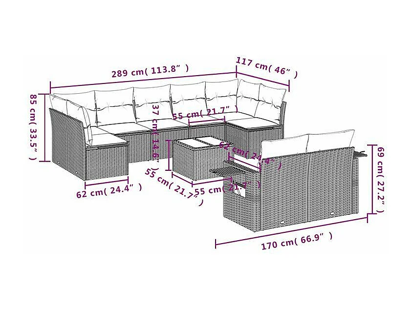 Salon de jardin 10 pcs avec coussins marron résine tressée