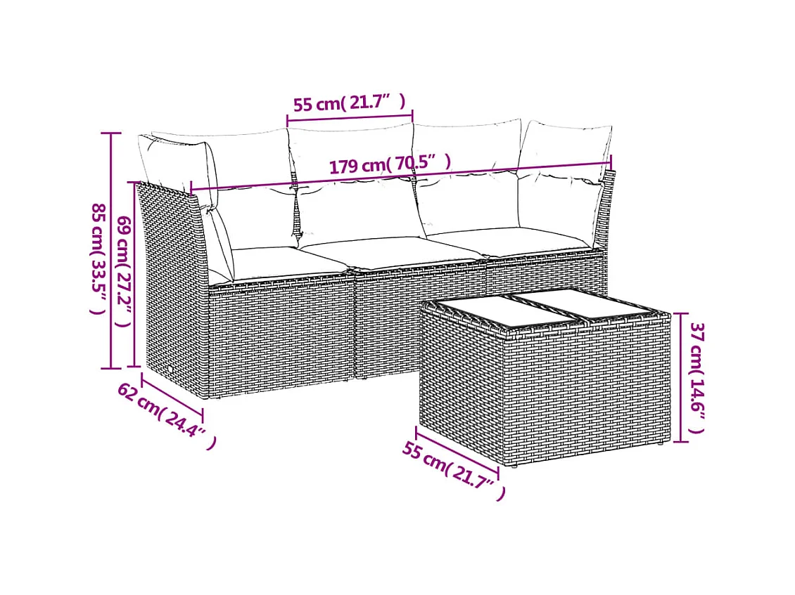 Salon de jardin avec coussins 4 pcs beige résine tressée