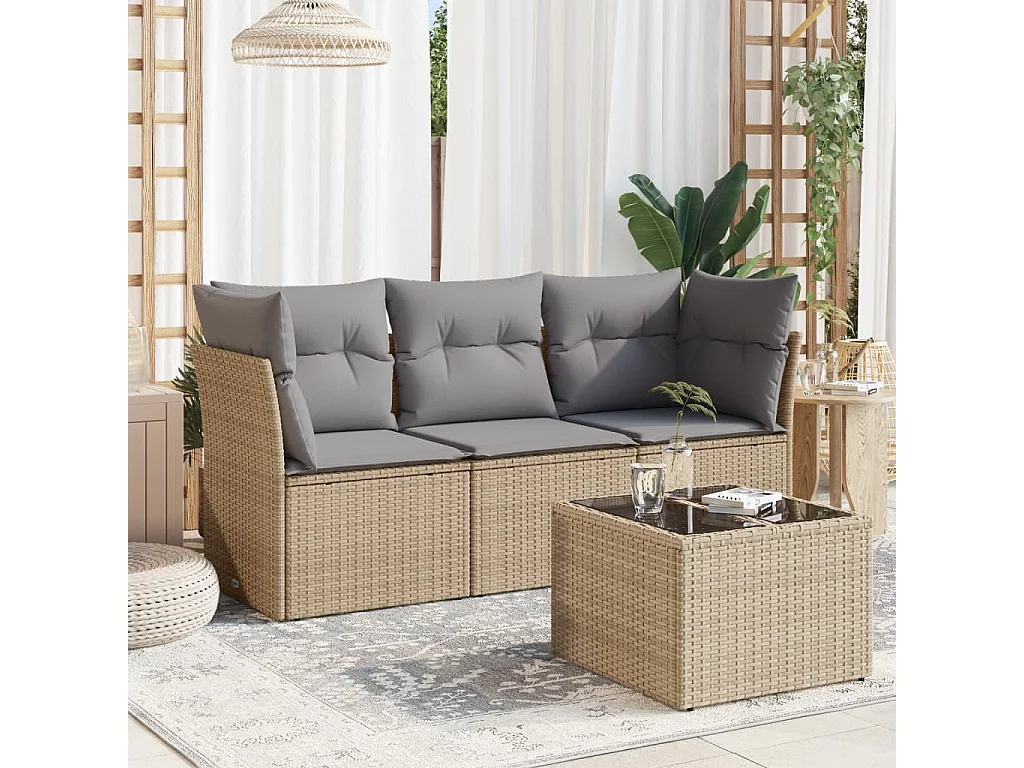 Salon de jardin avec coussins 4 pcs beige résine tressée