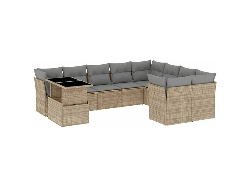 Salon de jardin avec coussins 10 pcs beige résine tressée