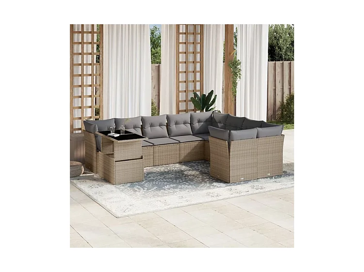 Salon de jardin avec coussins 10 pcs beige résine tressée