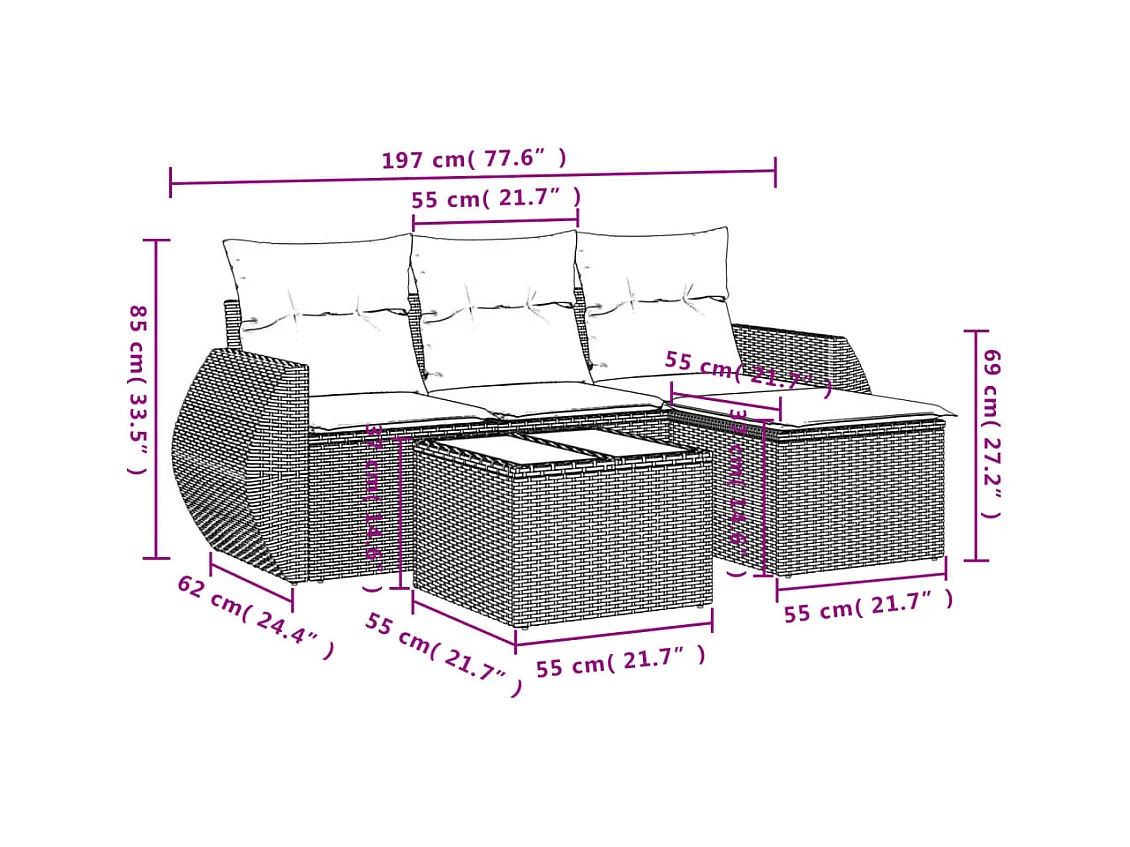 Salon de jardin 5 pcs avec coussins noir résine tressée