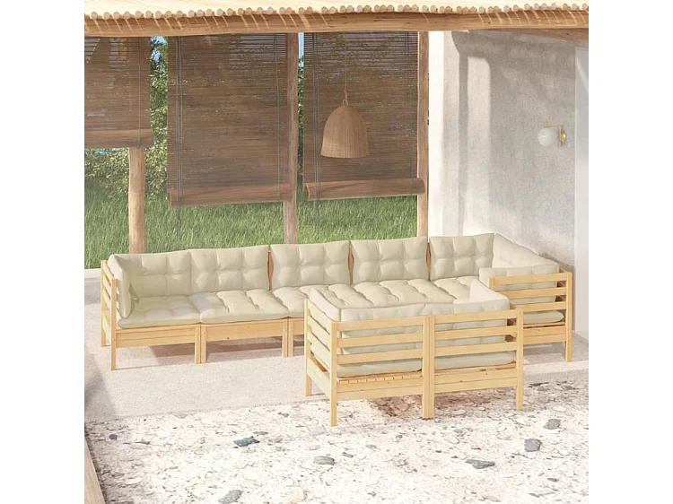 Salon de jardin 8 pcs avec coussins crème Bois de pin massif