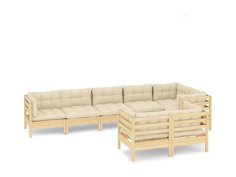 Salon de jardin 8 pcs avec coussins crème Bois de pin massif