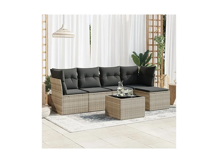 Salon de jardin 6 pcs avec coussins gris clair résine tressée