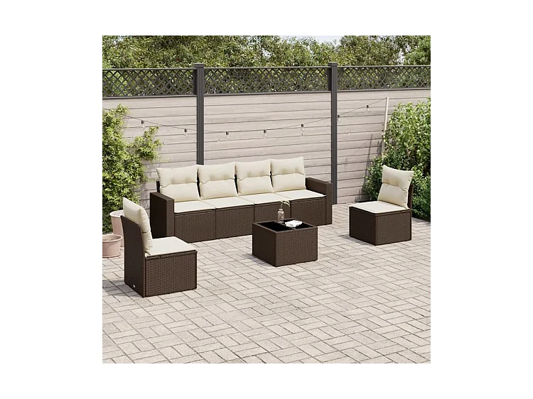 Salon de jardin avec coussins 7 pcs marron résine tressée