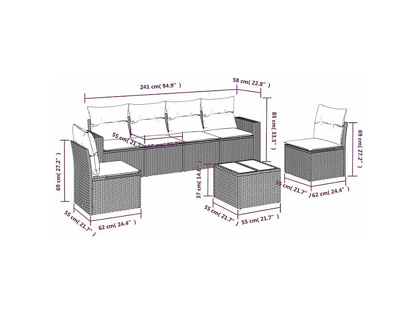 Salon de jardin avec coussins 7 pcs marron résine tressée