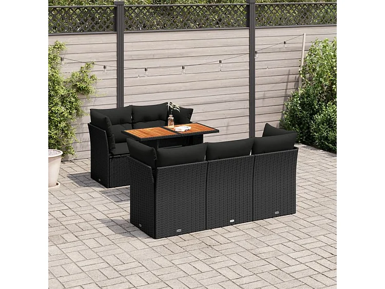 Salon de jardin 6 pcs avec coussins noir résine tressée