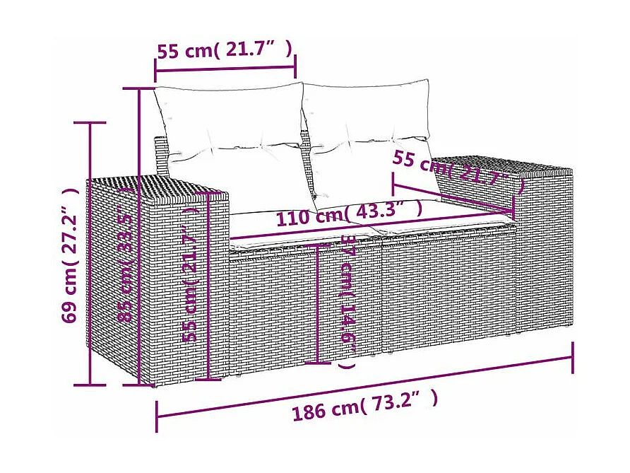 Canapé de jardin 2 places et coussins gris clair résine tressée