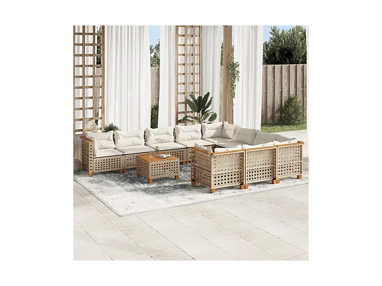 Salon de jardin 11 pcs avec coussins beige résine tressée
