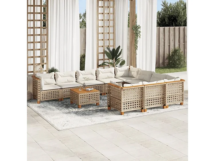Salon de jardin 11 pcs avec coussins beige résine tressée