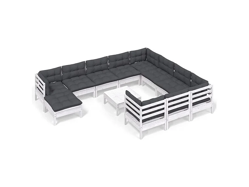 Salon de jardin 12 pcs avec coussins blanc bois de pin
