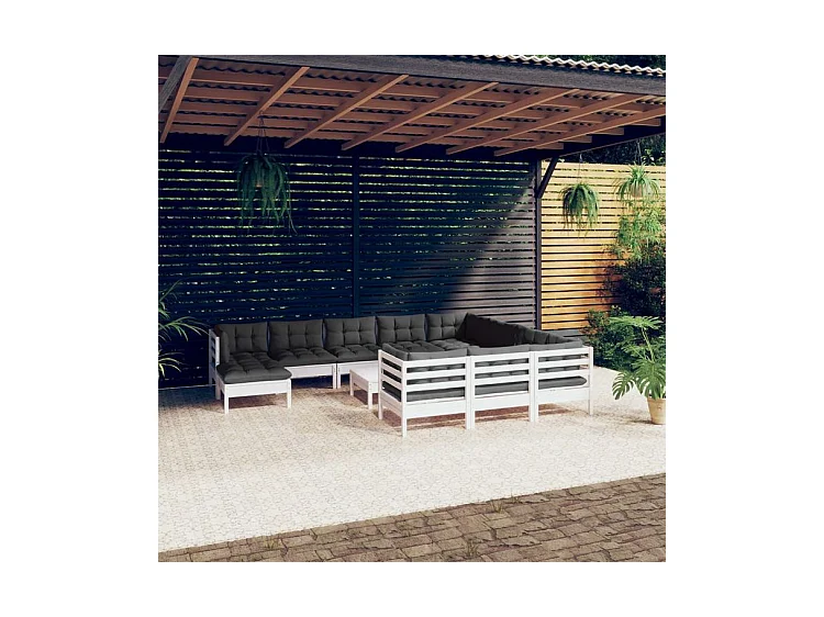 Salon de jardin 12 pcs avec coussins blanc bois de pin