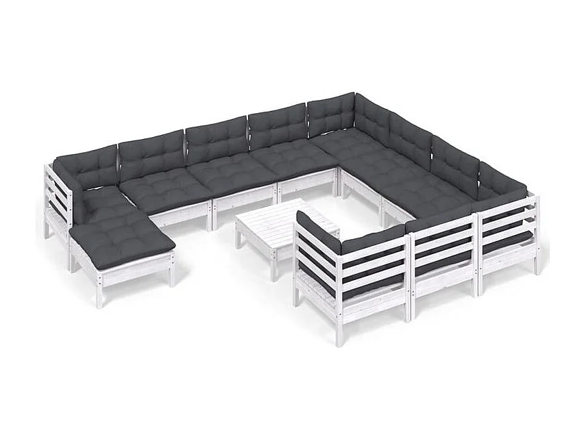 Salon de jardin 12 pcs avec coussins blanc bois de pin