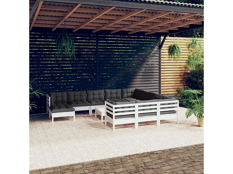 Salon de jardin 12 pcs avec coussins blanc bois de pin