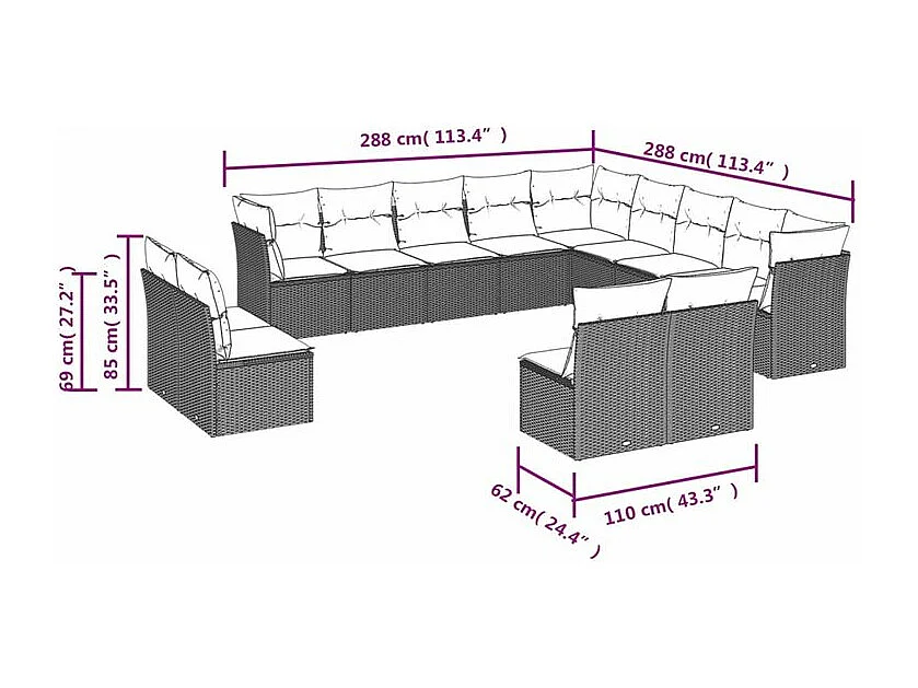 Salon de jardin avec coussins 13 pcs gris clair résine tressée