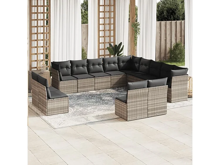 Salon de jardin avec coussins 13 pcs gris clair résine tressée