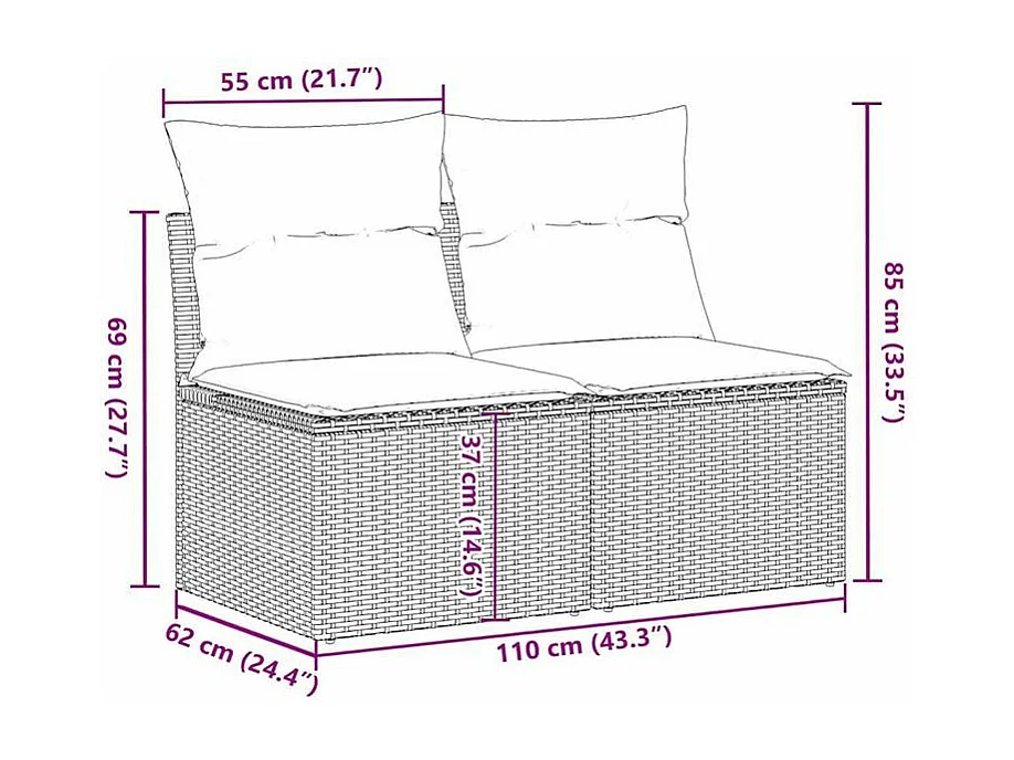 Salon de jardin avec coussins 2pcs marron résine tressée acacia