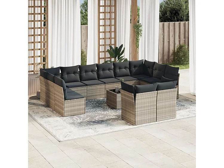 Salon de jardin avec coussins 13 pcs gris clair résine tressée