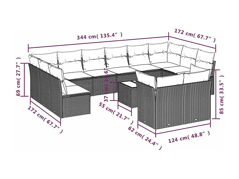 Salon de jardin avec coussins 13 pcs gris clair résine tressée