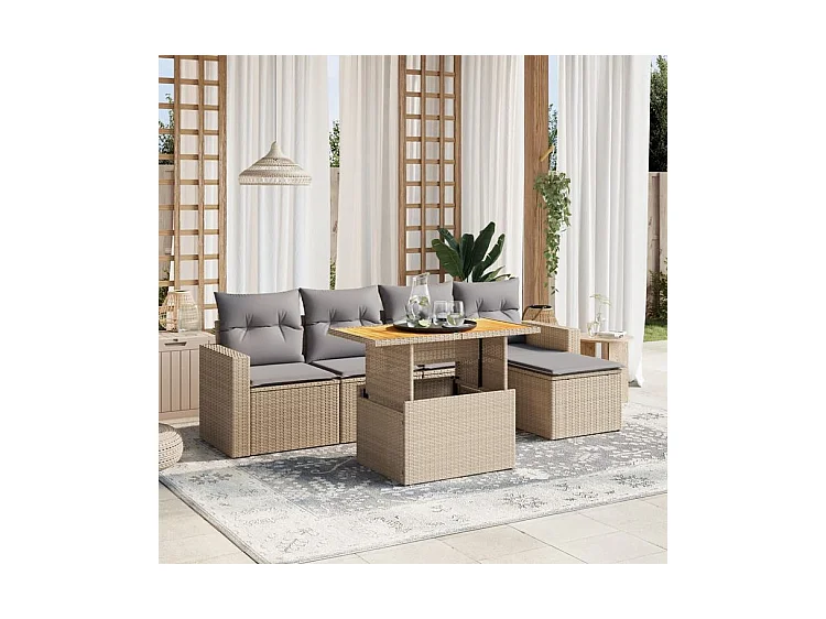 Salon de jardin avec coussins 6 pcs beige résine tressée