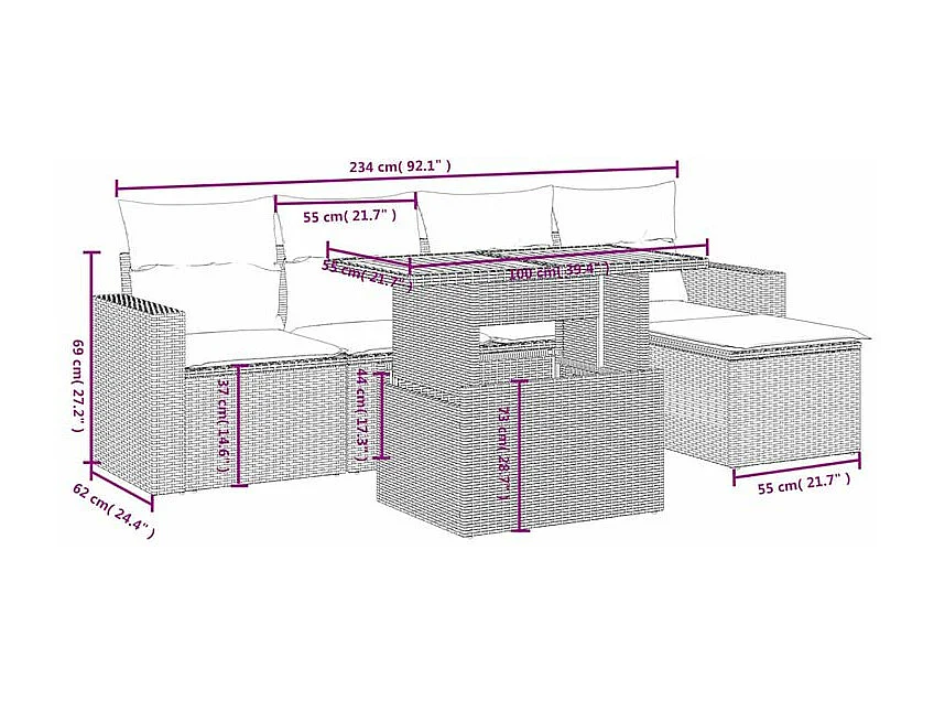 Salon de jardin avec coussins 6 pcs beige résine tressée