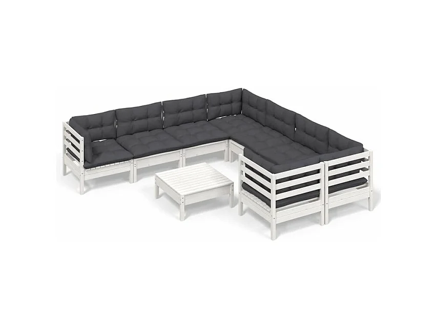 Salon de jardin 9 pcs avec coussins blanc bois de pin