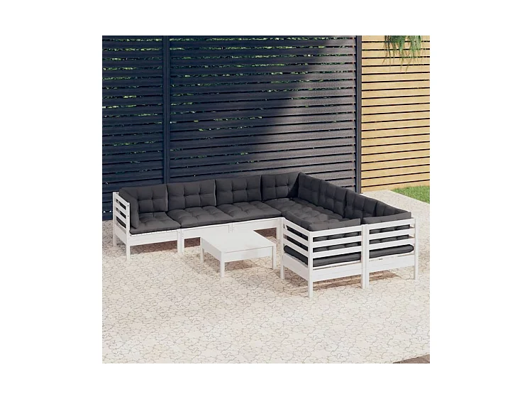 Salon de jardin 9 pcs avec coussins blanc bois de pin