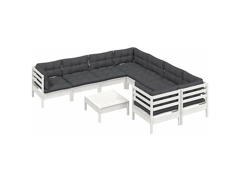 Salon de jardin 9 pcs avec coussins blanc bois de pin