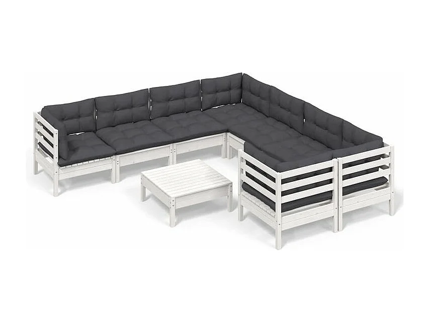 Salon de jardin 9 pcs avec coussins blanc bois de pin