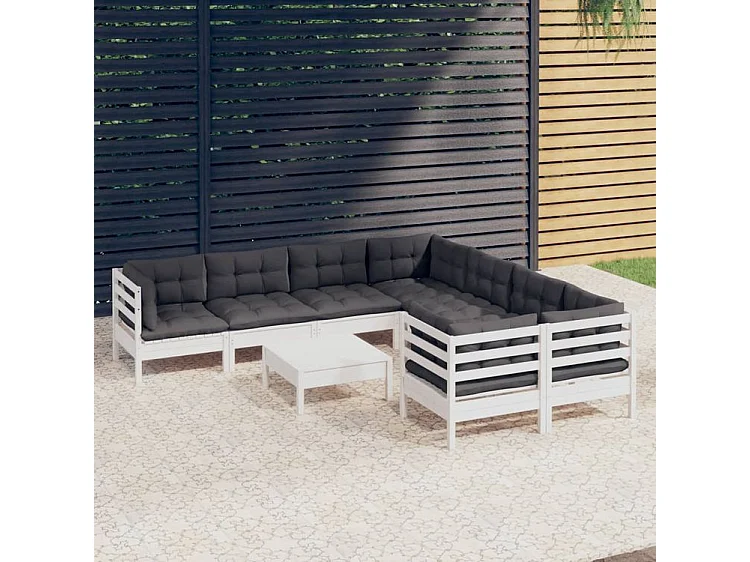 Salon de jardin 9 pcs avec coussins blanc bois de pin