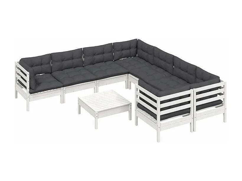 Salon de jardin 9 pcs avec coussins blanc bois de pin