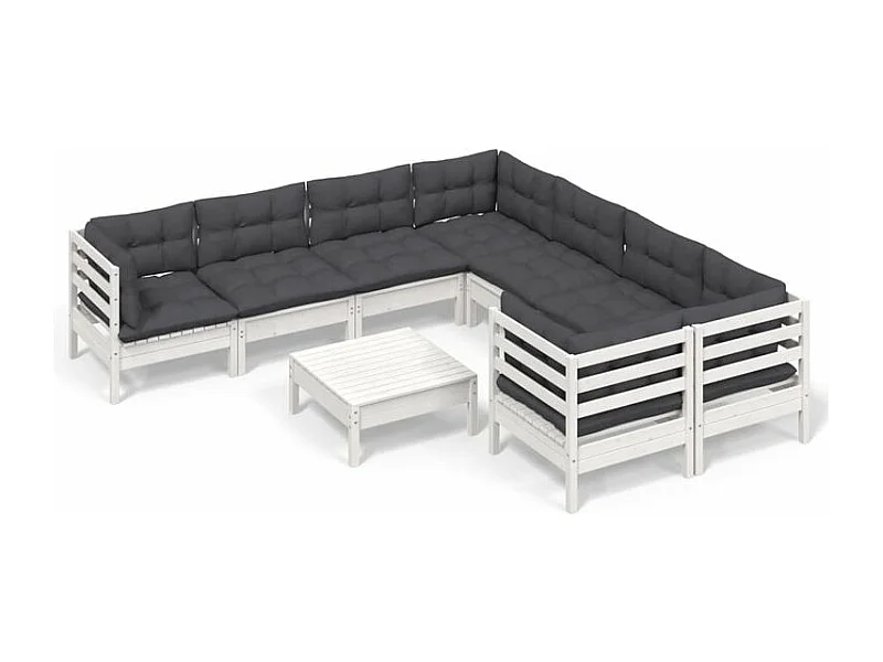 Salon de jardin 9 pcs avec coussins blanc bois de pin