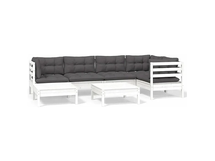 Salon de jardin 7 pcs avec coussins blanc bois de pin massif